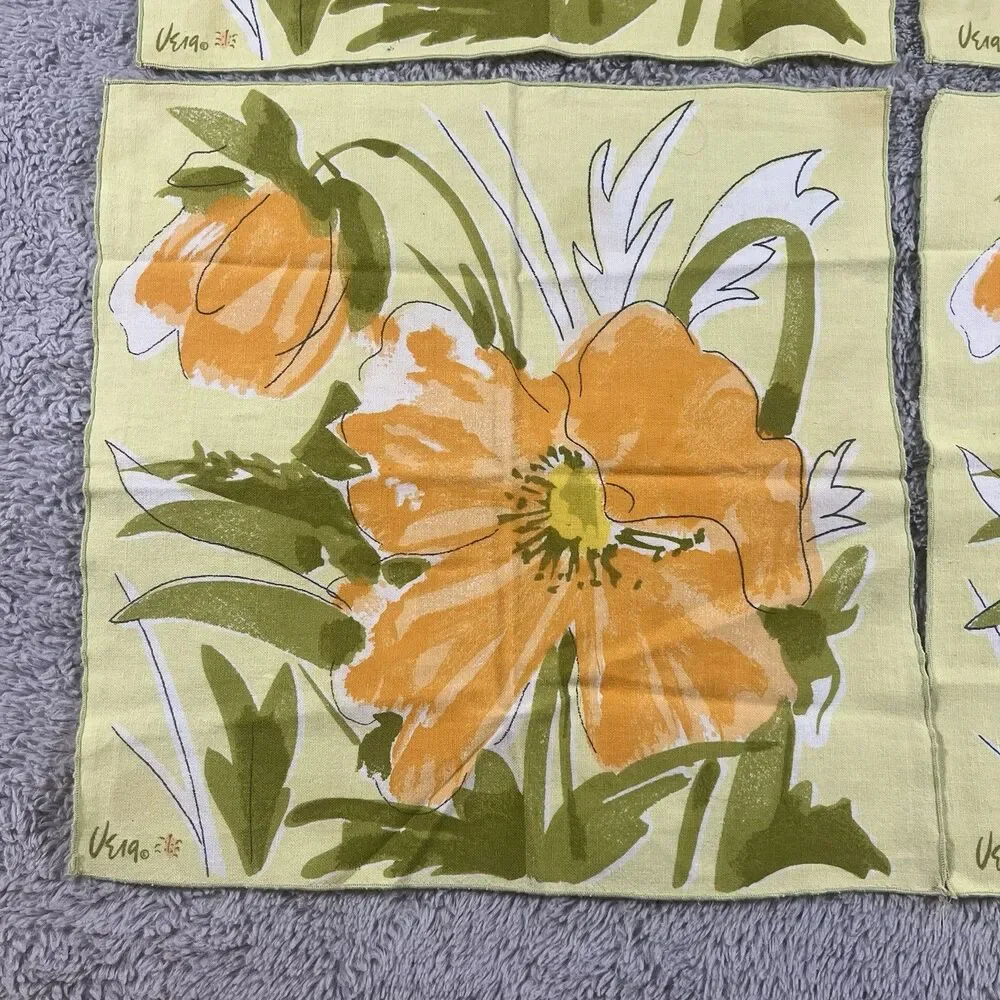 VERA Neumann Vintage MCM Orange Poppy Flower Yellow Napkins 15X15” Set of 8